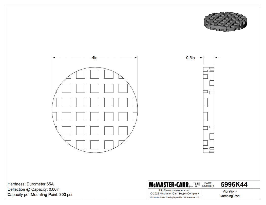 Technical Drawing of Vibration-Damping Pad, Oil-Resistant Buna-N, 4" Diameter x 1/2" Thick, Durometer 65A.